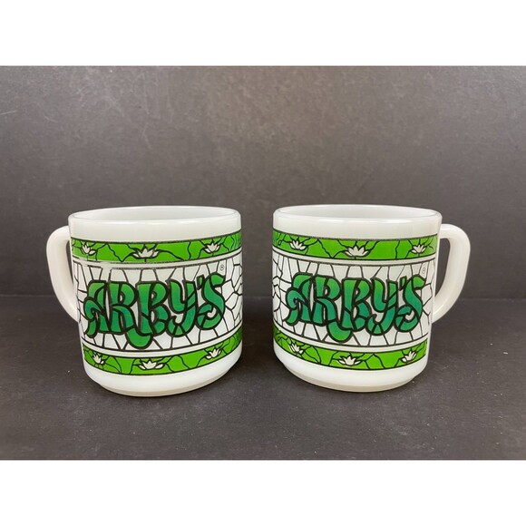 2 Arby's Green Stained Glass Mugs White Milk Glass Retro Federal Heat Proof - Picture 2 of 9